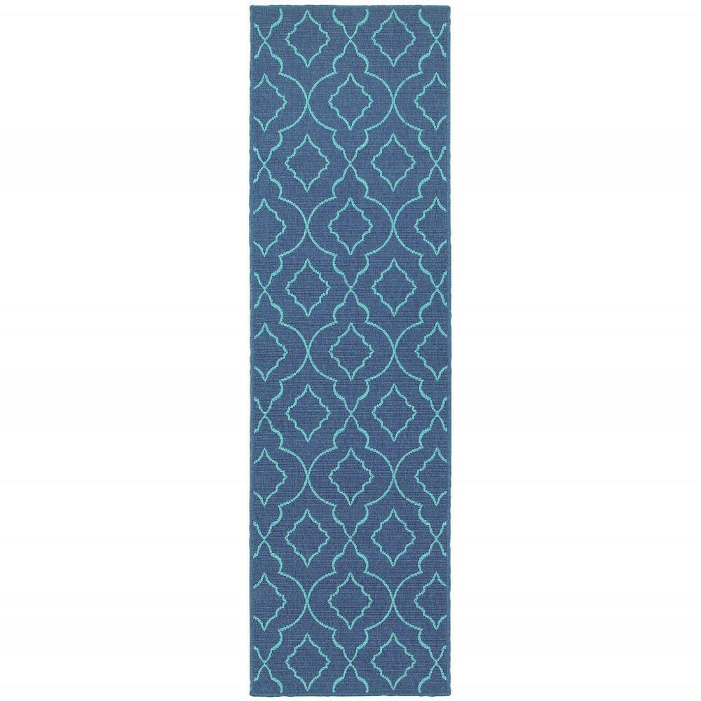 2' X 8' Blue Geometric Stain Resistant Indoor Outdoor Area Rug