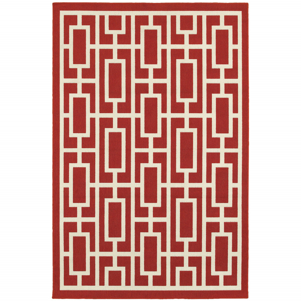 2' X 3' Red and Ivory Geometric Stain Resistant Indoor Outdoor Area Rug