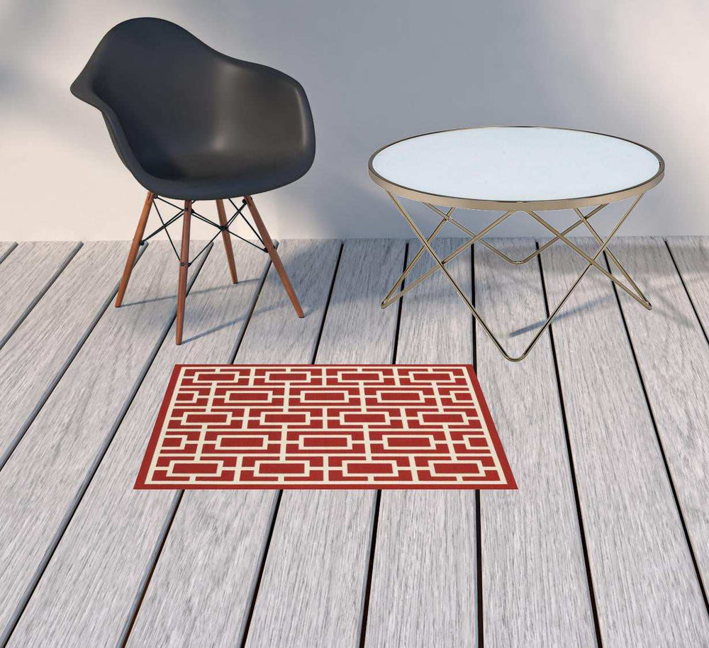 2' X 3' Red and Ivory Geometric Stain Resistant Indoor Outdoor Area Rug - Homeroots - Flyclothing LLC