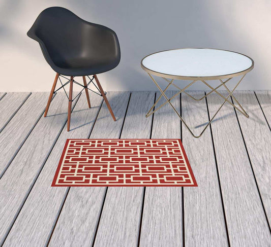2' X 3' Red and Ivory Geometric Stain Resistant Indoor Outdoor Area Rug - Homeroots - Flyclothing LLC