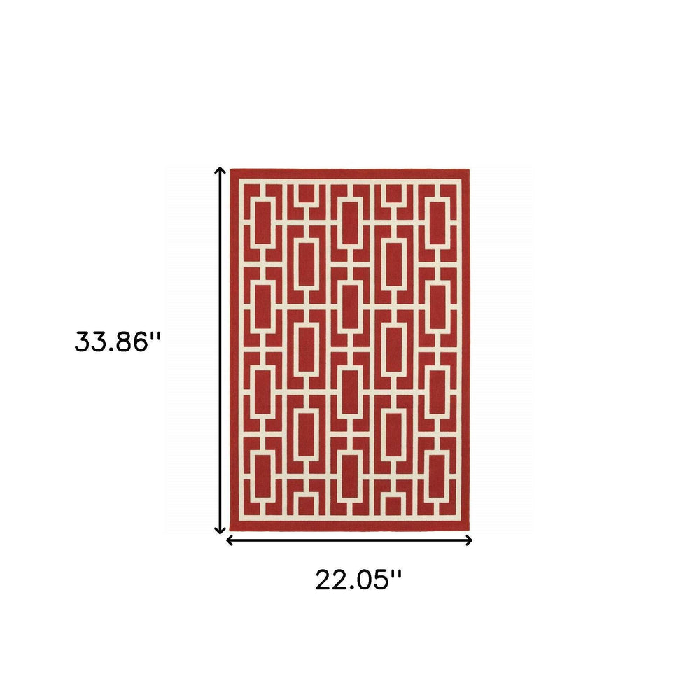 2' X 3' Red and Ivory Geometric Stain Resistant Indoor Outdoor Area Rug - Homeroots - Flyclothing LLC