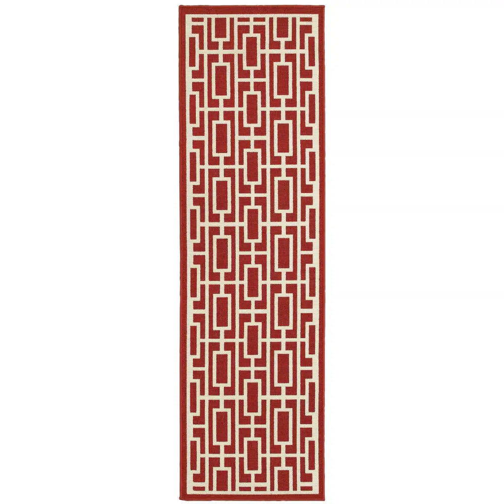 2' X 8' Red and Ivory Geometric Stain Resistant Indoor Outdoor Area Rug - Homeroots - Flyclothing LLC
