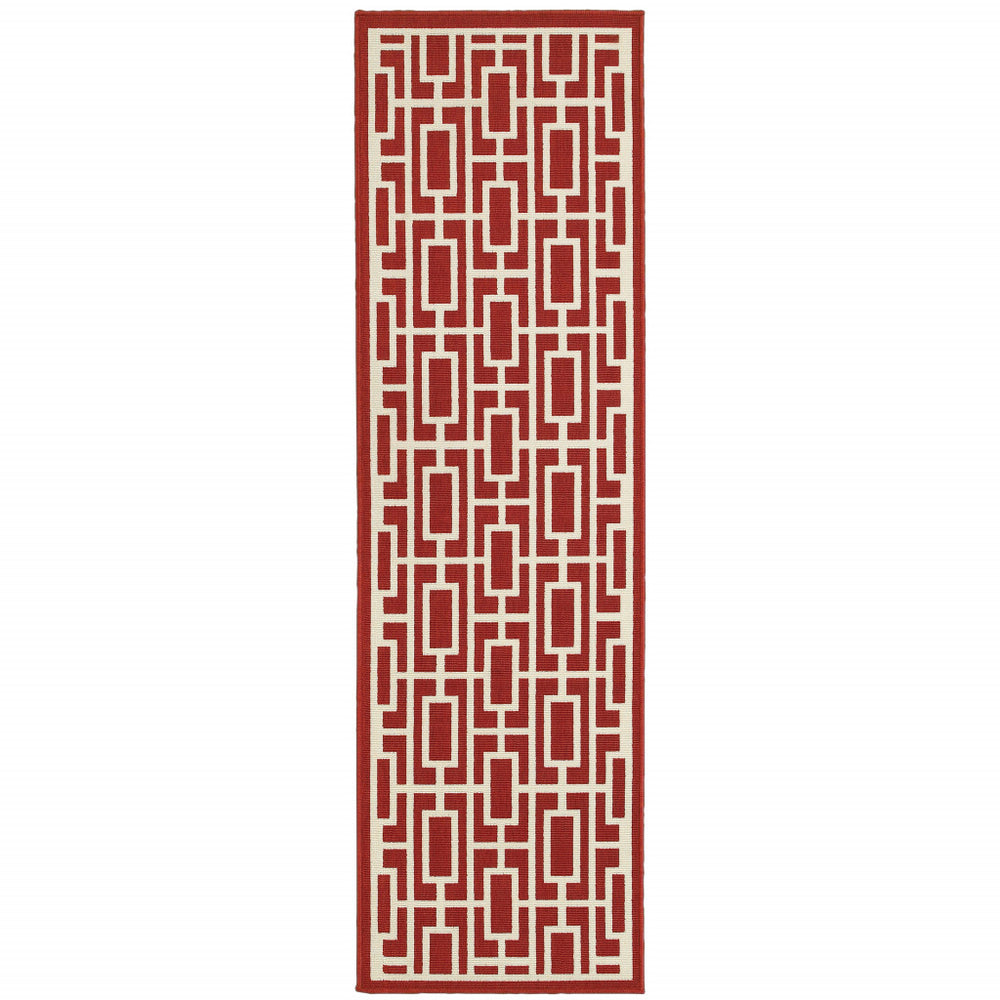 2' X 8' Red and Ivory Geometric Stain Resistant Indoor Outdoor Area Rug - Homeroots