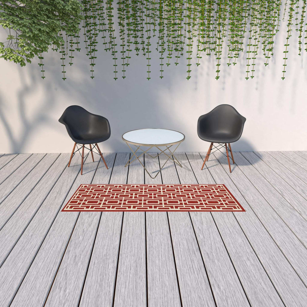 2' X 8' Red and Ivory Geometric Stain Resistant Indoor Outdoor Area Rug - Homeroots - Flyclothing LLC