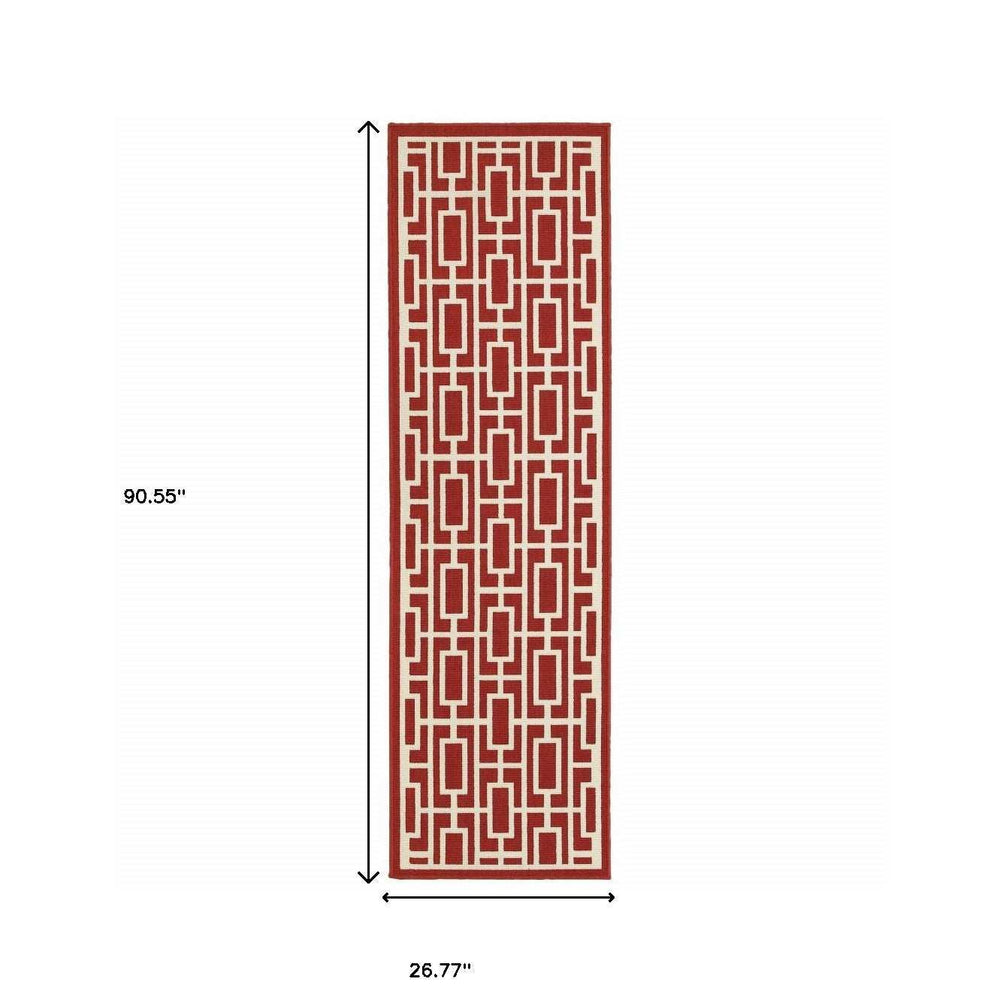 2' X 8' Red and Ivory Geometric Stain Resistant Indoor Outdoor Area Rug - Homeroots - Flyclothing LLC