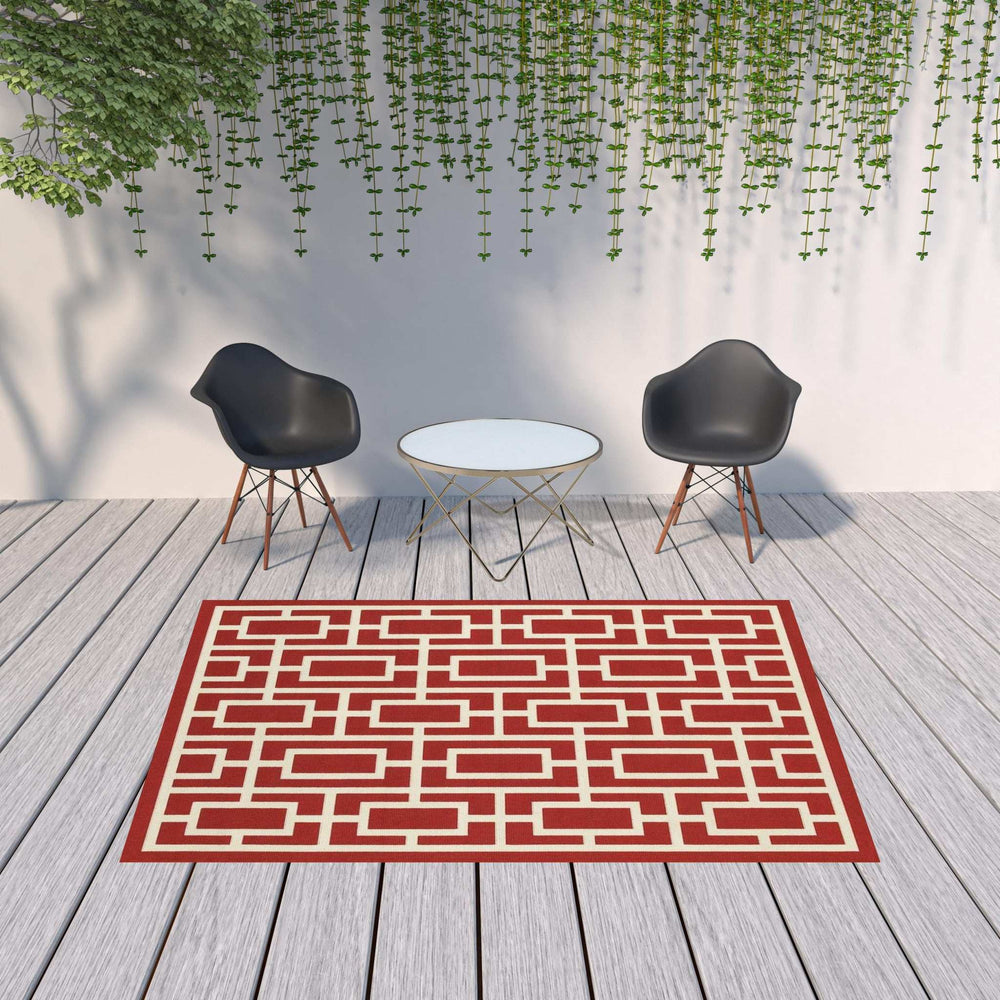 7' X 10' Red and Ivory Geometric Stain Resistant Indoor Outdoor Area Rug - Homeroots - Flyclothing LLC