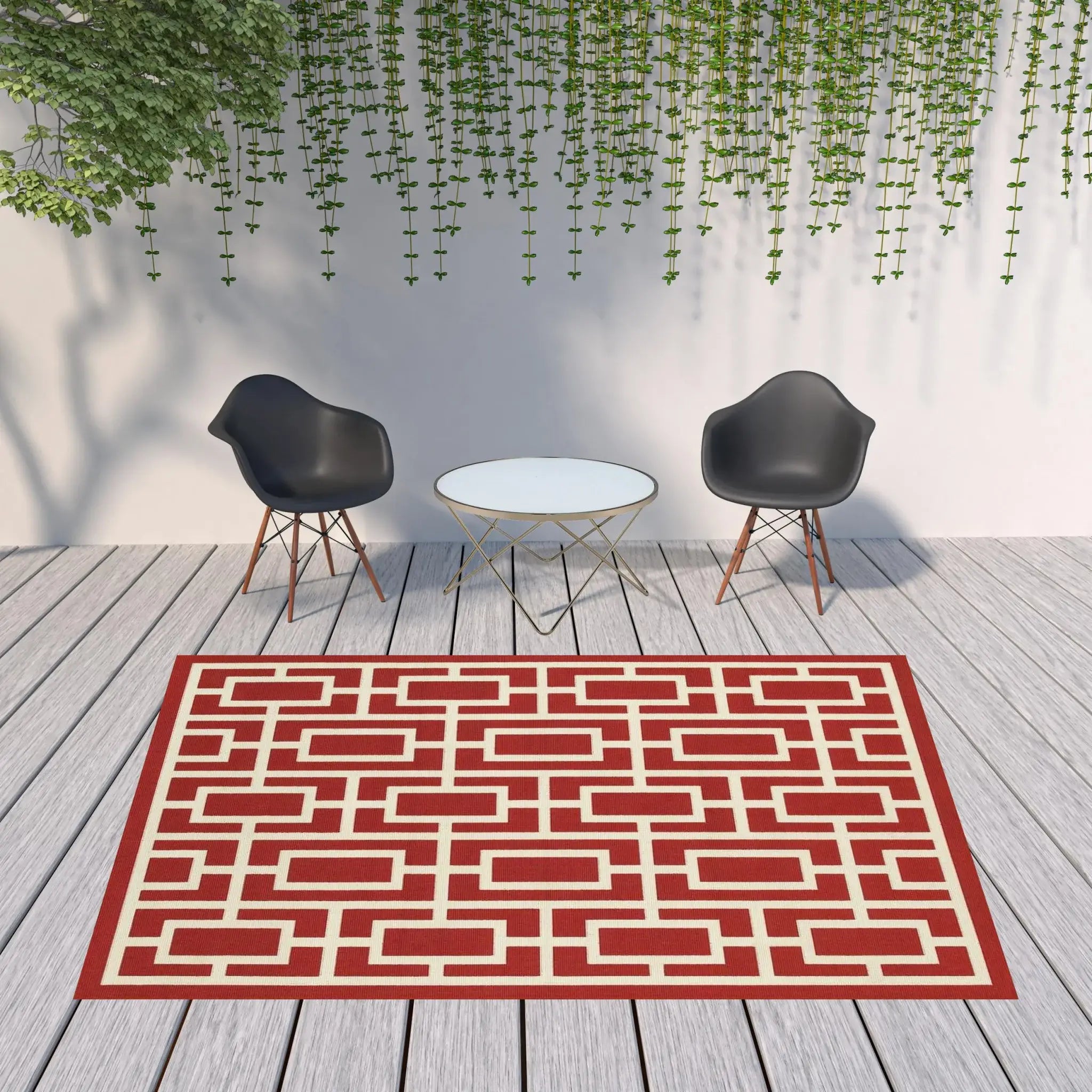 8' X 11' Red and Ivory Geometric Stain Resistant Indoor Outdoor Area Rug - Homeroots - Flyclothing LLC