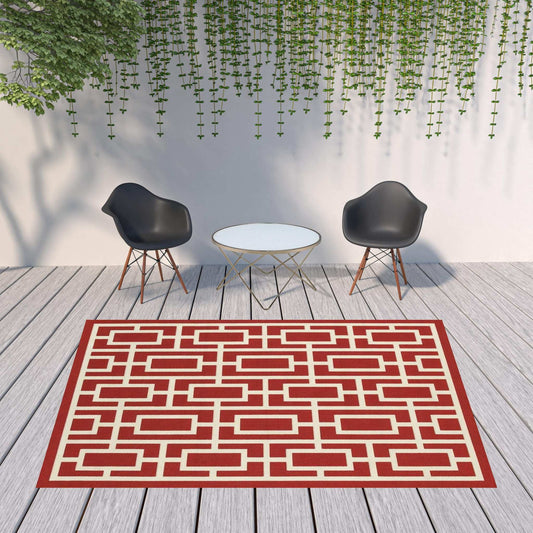 8' X 11' Red and Ivory Geometric Stain Resistant Indoor Outdoor Area Rug - Homeroots - Flyclothing LLC
