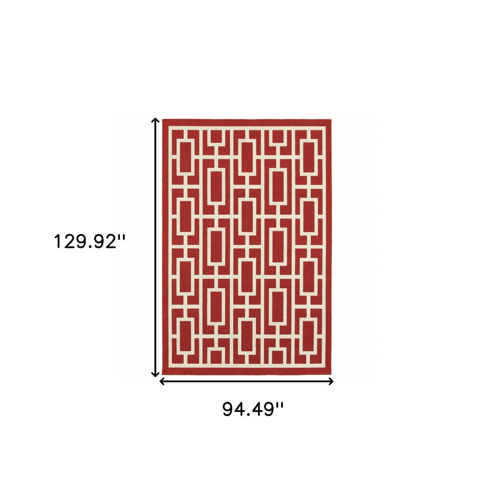 8' X 11' Red and Ivory Geometric Stain Resistant Indoor Outdoor Area Rug - Homeroots - Flyclothing LLC