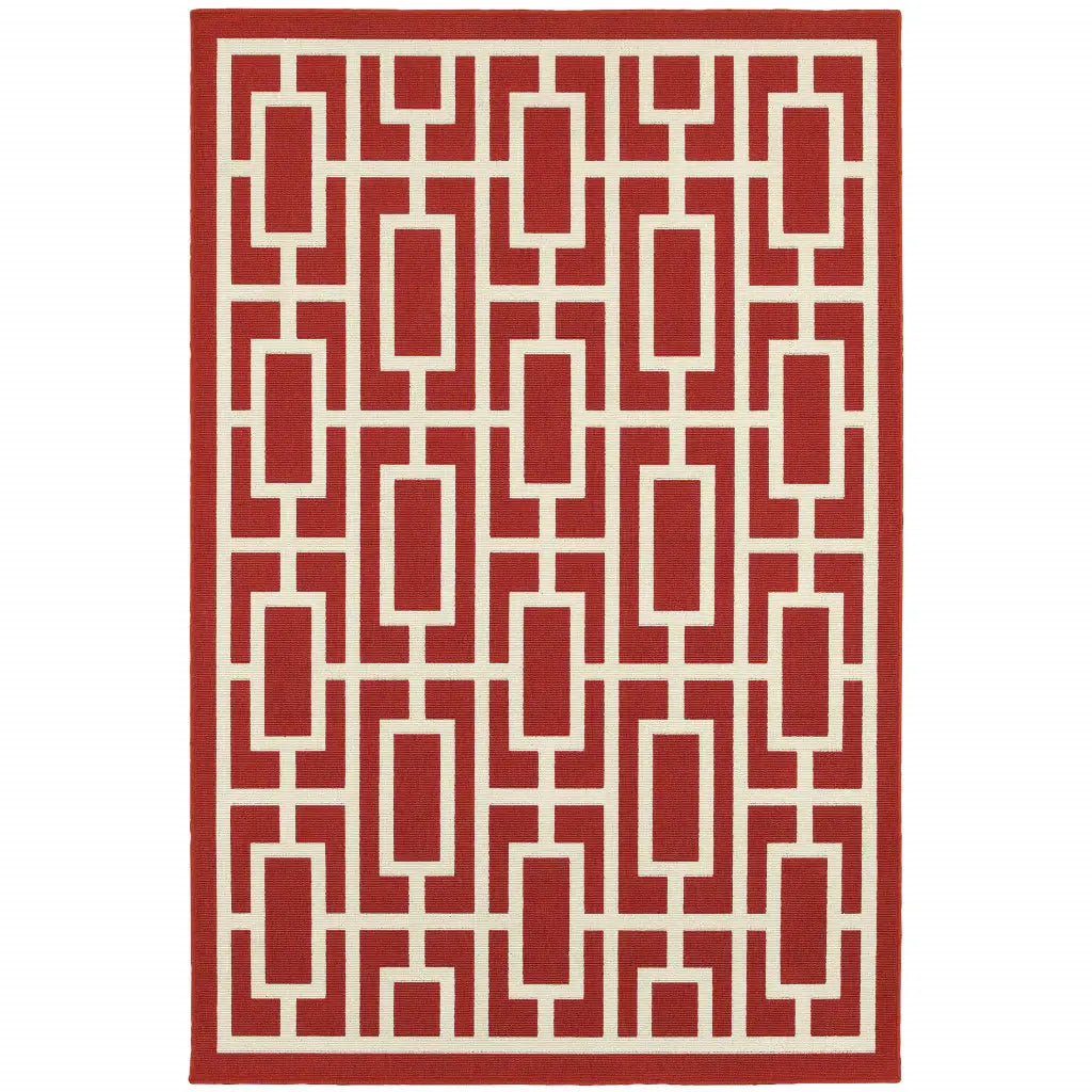 9' X 13' Red and Ivory Geometric Stain Resistant Indoor Outdoor Area Rug - Homeroots - Flyclothing LLC