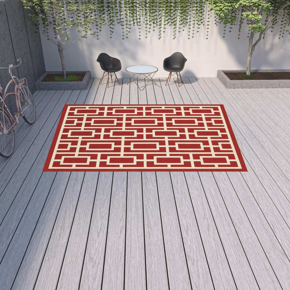 9' X 13' Red and Ivory Geometric Stain Resistant Indoor Outdoor Area Rug - Homeroots - Flyclothing LLC