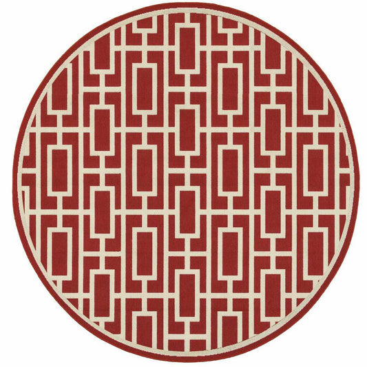 8' X 8' Red and Ivory Round Geometric Stain Resistant Indoor Outdoor Area Rug - Homeroots - Flyclothing LLC