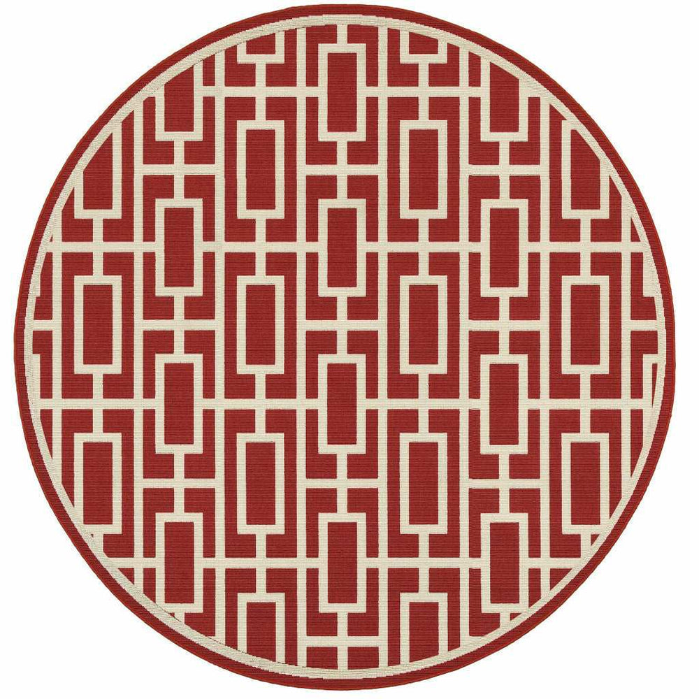 8' X 8' Red and Ivory Round Geometric Stain Resistant Indoor Outdoor Area Rug - Homeroots - Flyclothing LLC