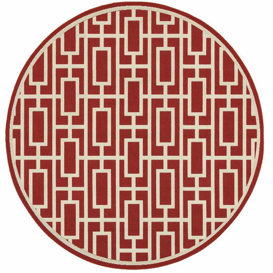 8' X 8' Red and Ivory Round Geometric Stain Resistant Indoor Outdoor Area Rug - Homeroots - Flyclothing LLC