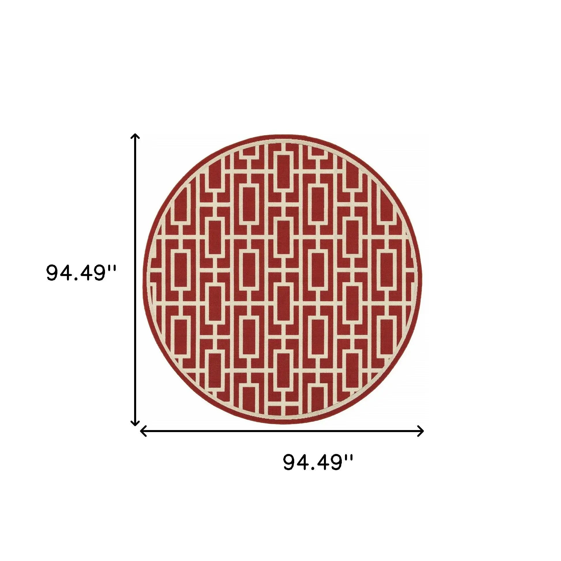 8' X 8' Red and Ivory Round Geometric Stain Resistant Indoor Outdoor Area Rug - Homeroots - Flyclothing LLC
