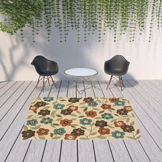 7' X 10' Brown and Ivory Floral Stain Resistant Indoor Outdoor Area Rug - Homeroots - Flyclothing LLC
