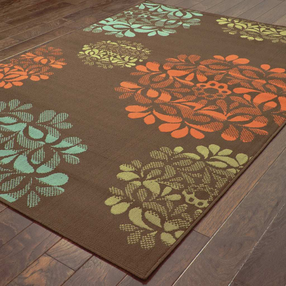 7' X 10' Brown Floral Stain Resistant Indoor Outdoor Area Rug - Homeroots - Flyclothing LLC