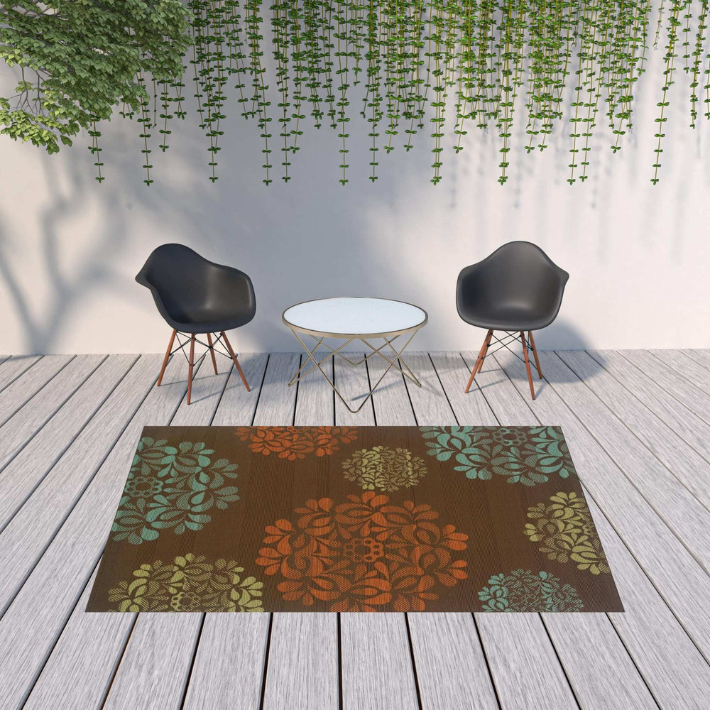 7' X 10' Brown Floral Stain Resistant Indoor Outdoor Area Rug - Homeroots - Flyclothing LLC