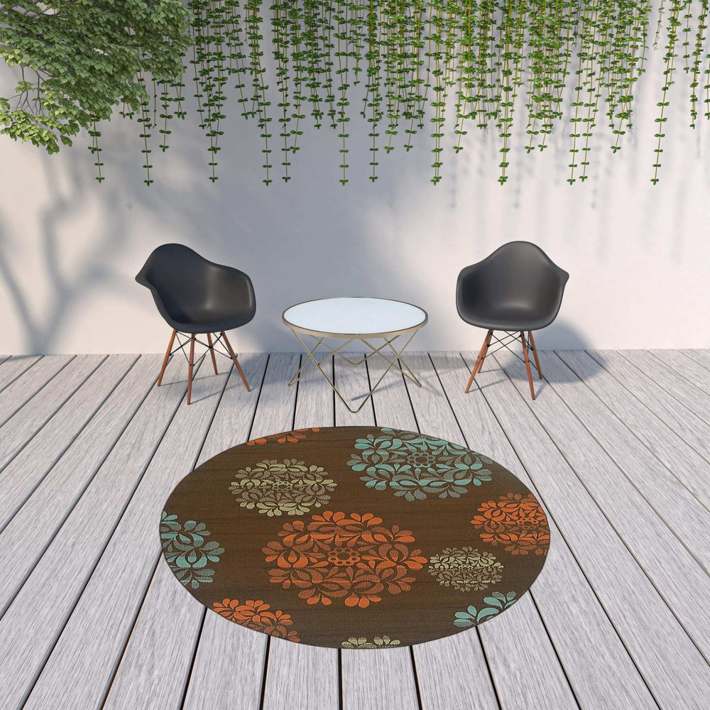 8' X 8' Brown Round Floral Stain Resistant Indoor Outdoor Area Rug - Homeroots - Flyclothing LLC