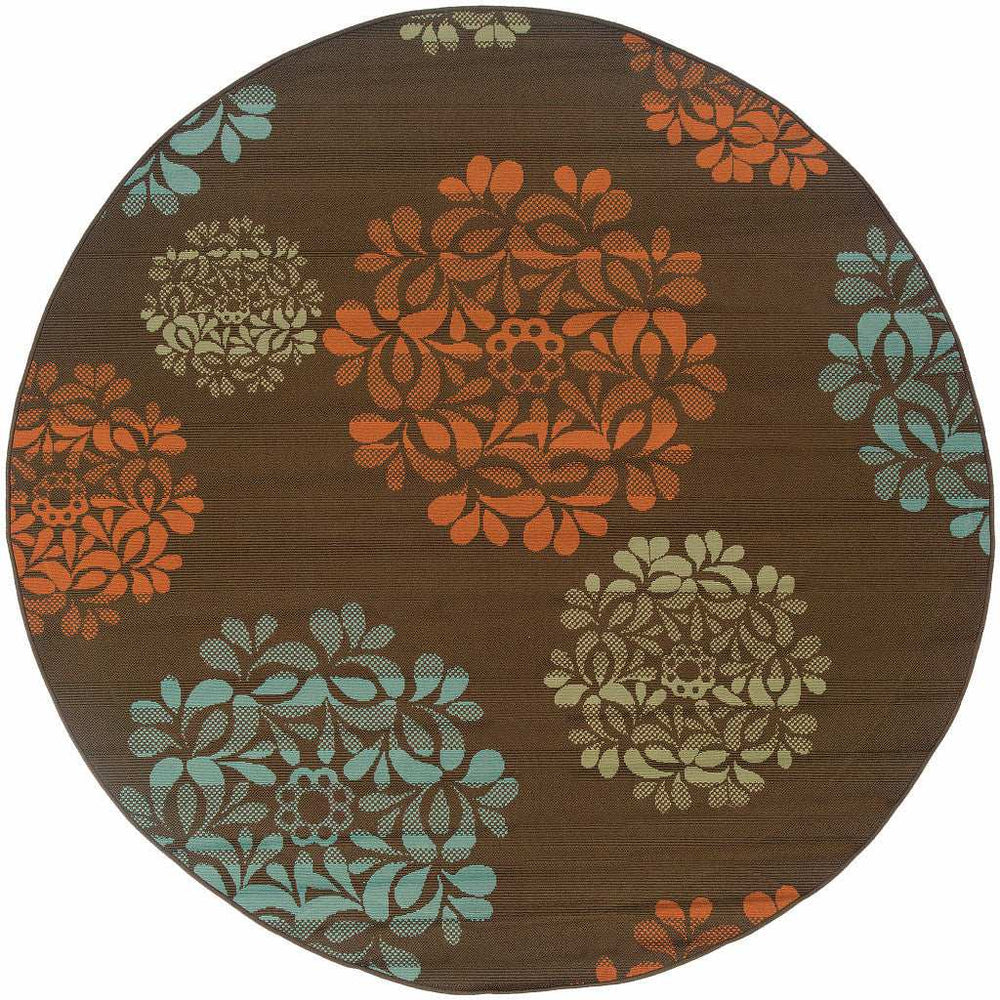8' X 8' Brown Round Floral Stain Resistant Indoor Outdoor Area Rug - Homeroots - Flyclothing LLC