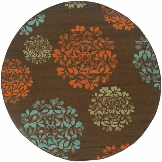 8' X 8' Brown Round Floral Stain Resistant Indoor Outdoor Area Rug - Homeroots - Flyclothing LLC