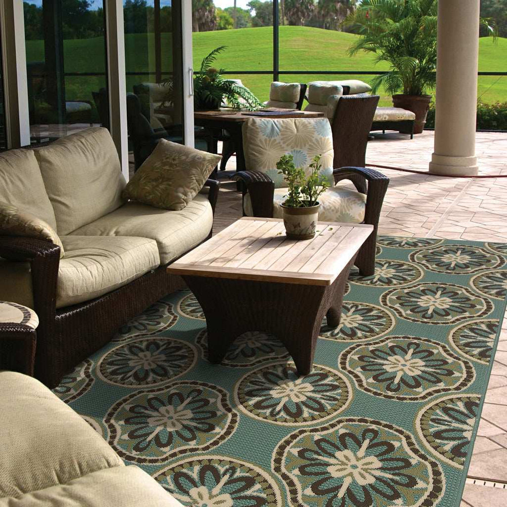 8' X 11' Blue and Ivory Floral Stain Resistant Indoor Outdoor Area Rug - Homeroots - Flyclothing LLC