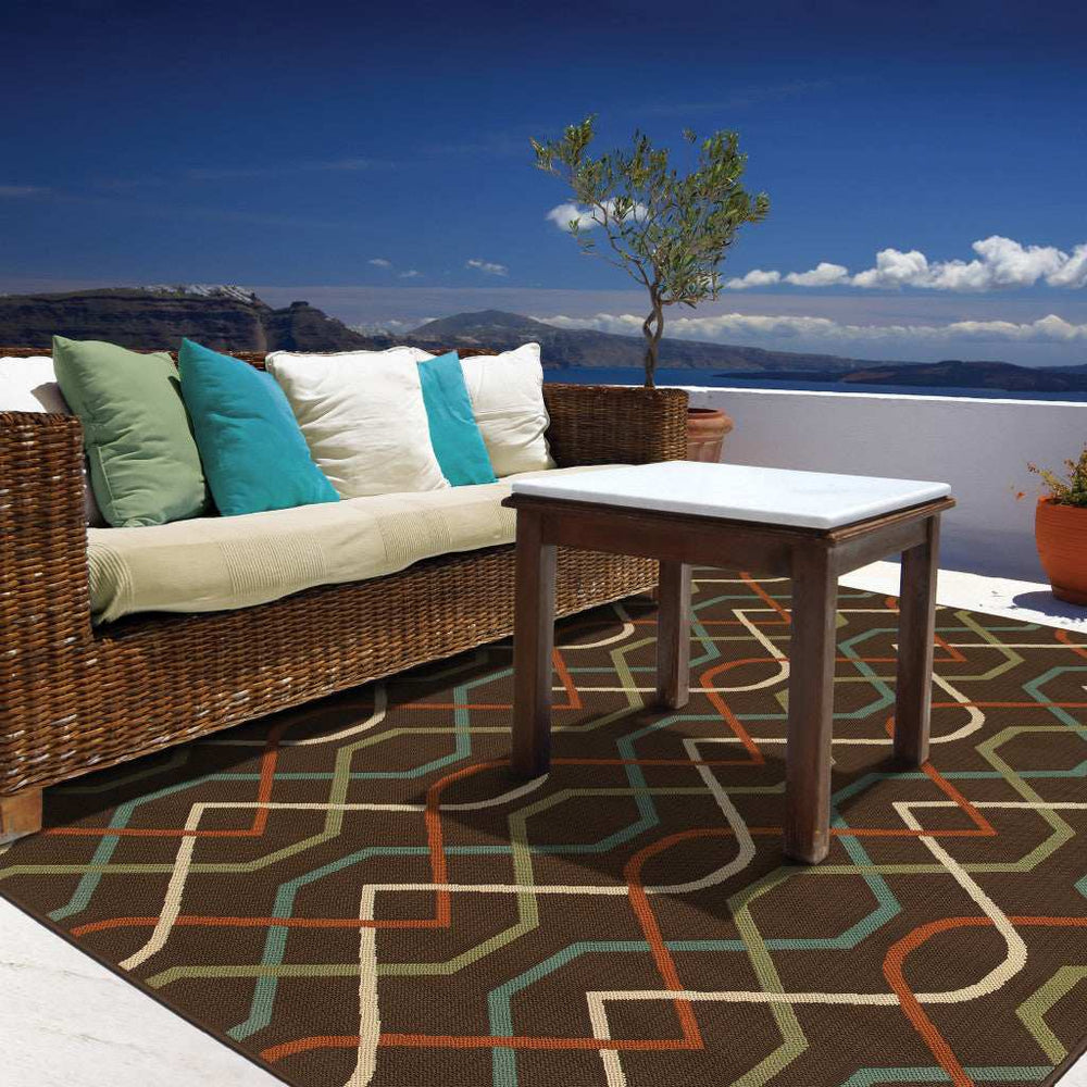 5' X 8' Brown and Ivory Geometric Stain Resistant Indoor Outdoor Area Rug - Homeroots - Flyclothing LLC