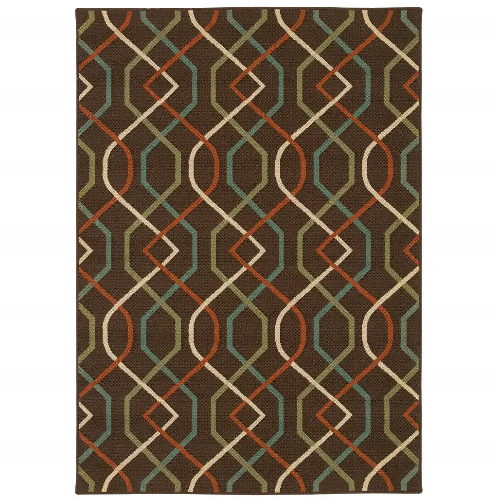 7' X 10' Brown and Ivory Geometric Stain Resistant Indoor Outdoor Area Rug - Homeroots - Flyclothing LLC