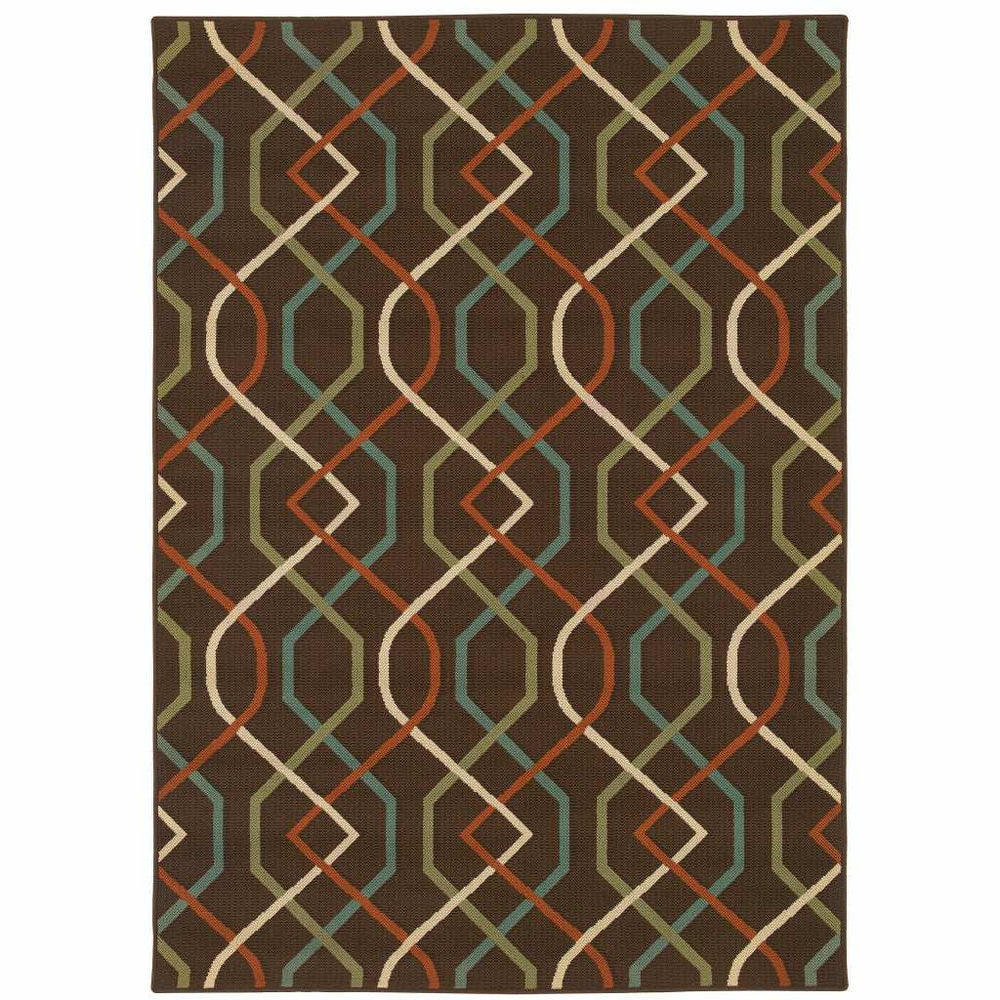 7' X 10' Brown and Ivory Geometric Stain Resistant Indoor Outdoor Area Rug - Homeroots - Flyclothing LLC