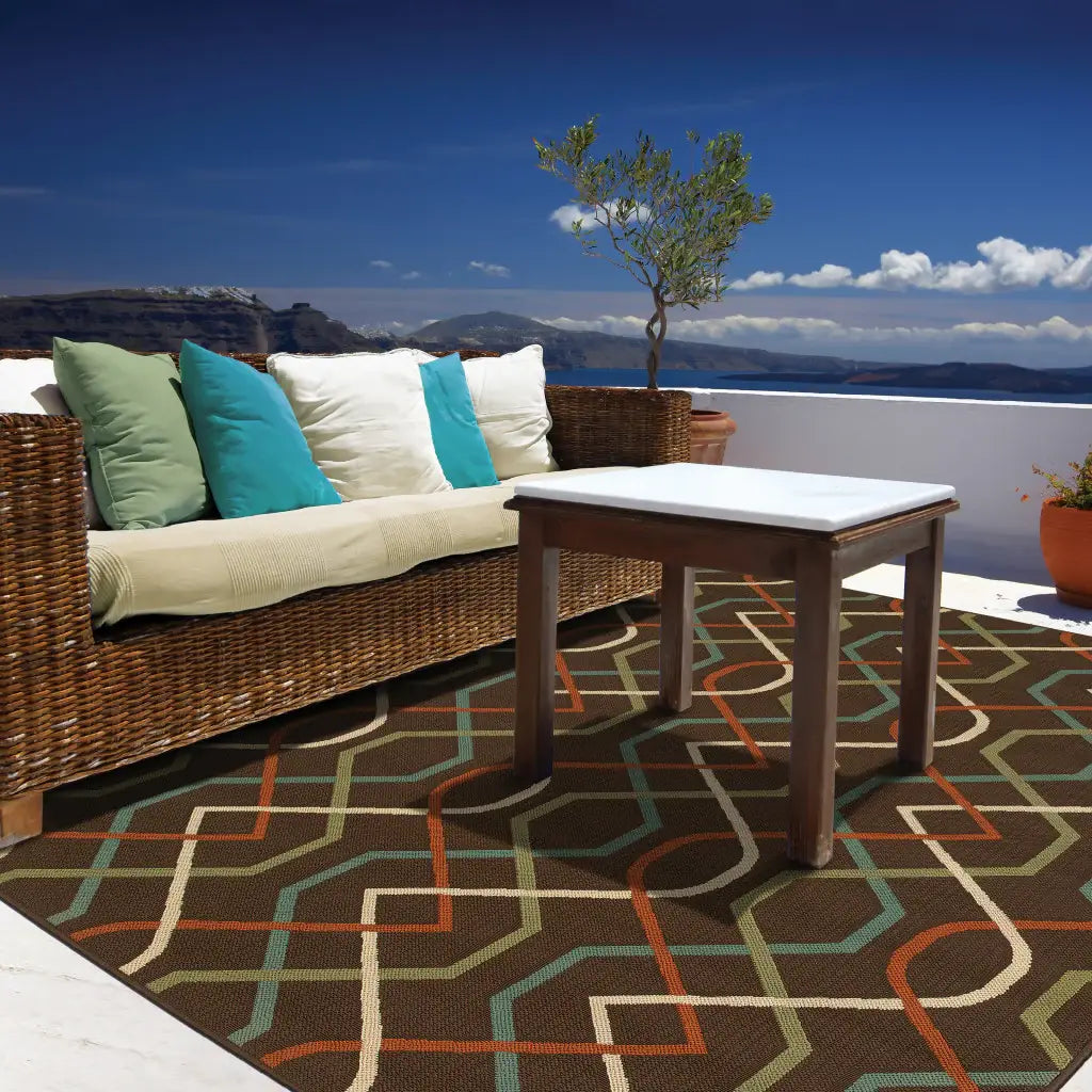 7' X 10' Brown and Ivory Geometric Stain Resistant Indoor Outdoor Area Rug - Homeroots - Flyclothing LLC