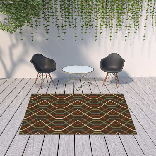 7' X 10' Brown and Ivory Geometric Stain Resistant Indoor Outdoor Area Rug - Homeroots - Flyclothing LLC