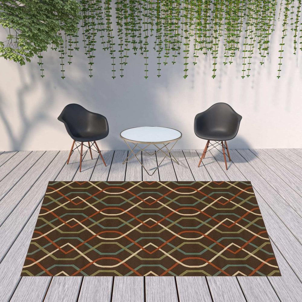 8' X 11' Brown and Ivory Geometric Stain Resistant Indoor Outdoor Area Rug - Homeroots - Flyclothing LLC