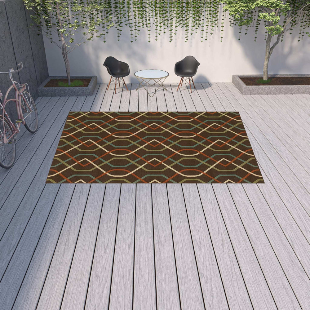 9' X 13' Brown and Ivory Geometric Stain Resistant Indoor Outdoor Area Rug - Homeroots - Flyclothing LLC