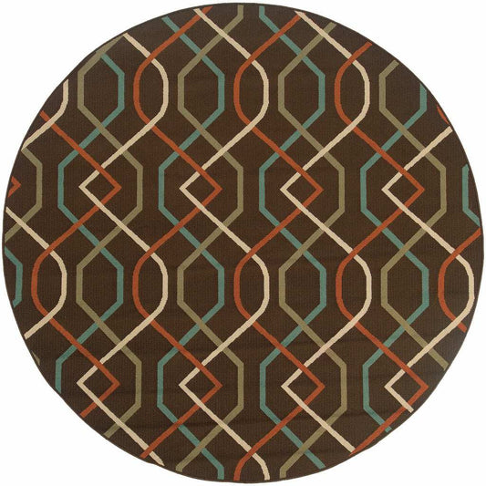 8' X 8' Brown and Ivory Round Geometric Stain Resistant Indoor Outdoor Area Rug - Homeroots - Flyclothing LLC