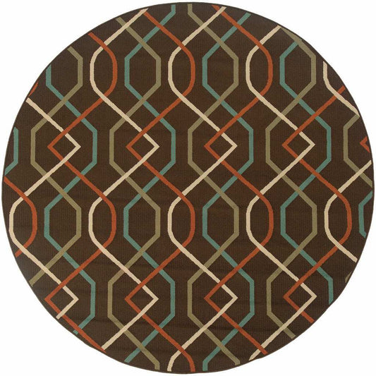 8' X 8' Brown and Ivory Round Geometric Stain Resistant Indoor Outdoor Area Rug - Homeroots - Flyclothing LLC