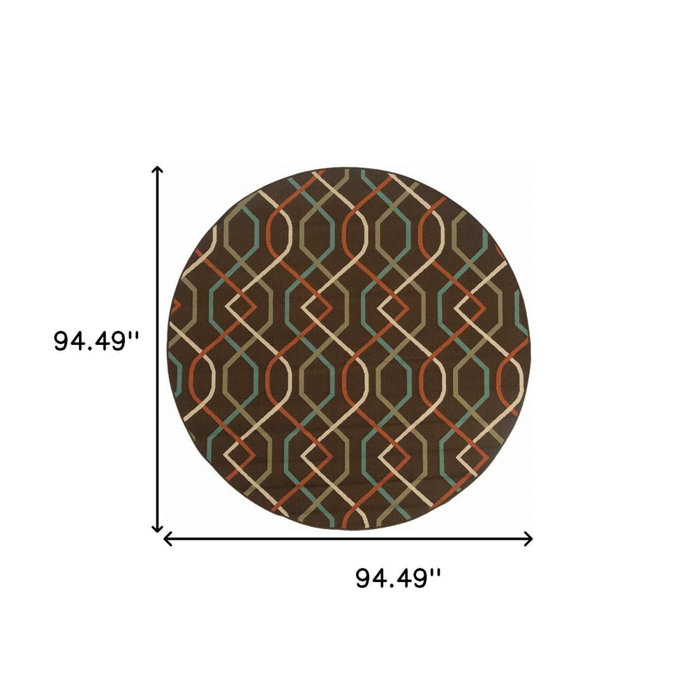 8' X 8' Brown and Ivory Round Geometric Stain Resistant Indoor Outdoor Area Rug - Homeroots - Flyclothing LLC
