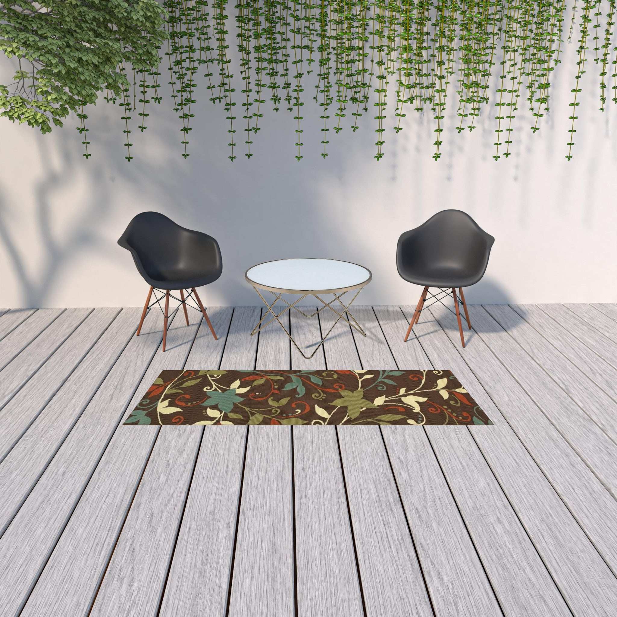 8' Runner Brown Floral Stain Resistant Indoor Outdoor Runner Rug - Homeroots - Flyclothing LLC