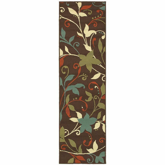 8' Runner Brown Floral Stain Resistant Indoor Outdoor Runner Rug - Homeroots - Flyclothing LLC