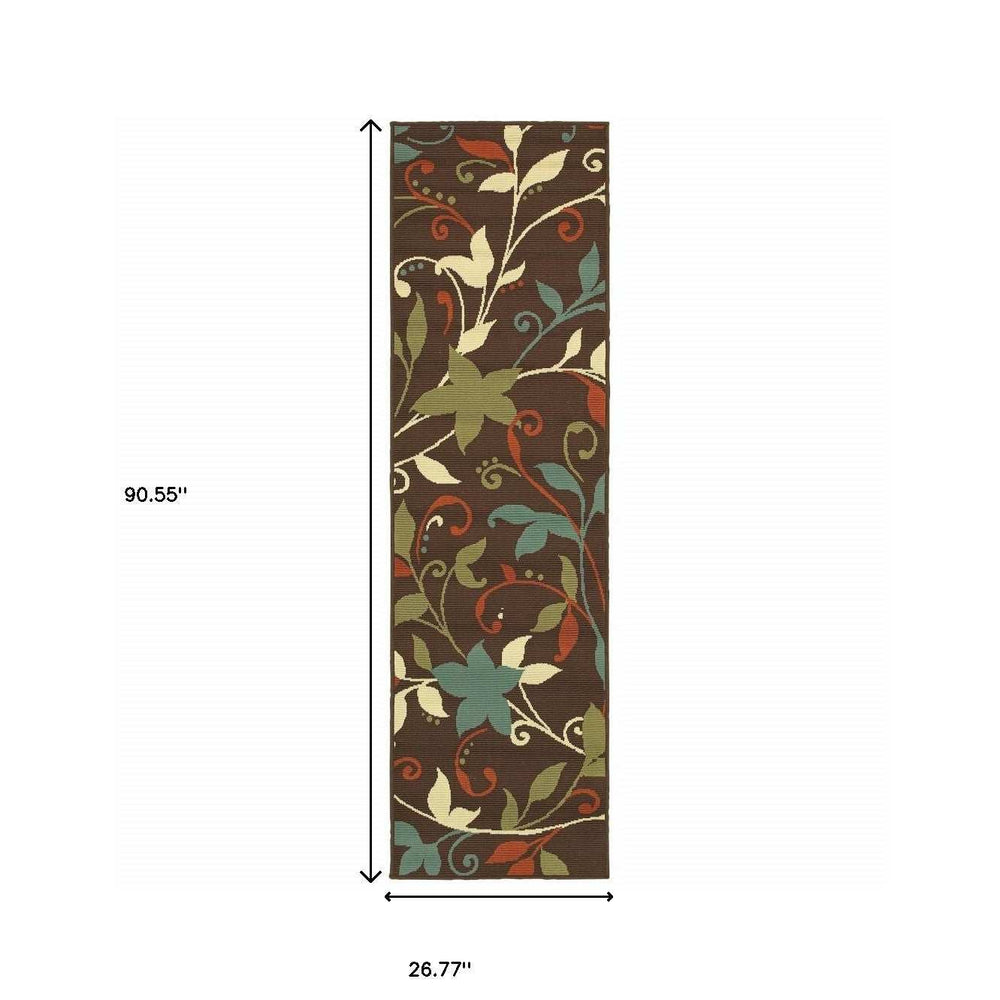 8' Runner Brown Floral Stain Resistant Indoor Outdoor Runner Rug - Homeroots - Flyclothing LLC