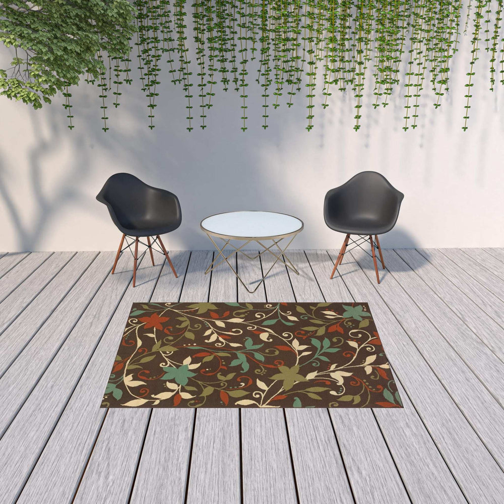 5' X 8' Brown Floral Stain Resistant Indoor Outdoor Area Rug - Homeroots - Flyclothing LLC