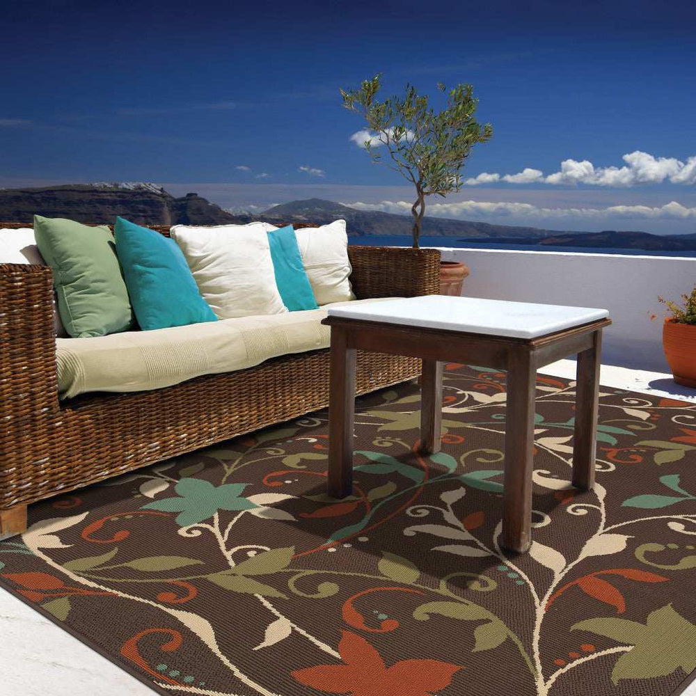 7' X 10' Brown Floral Stain Resistant Indoor Outdoor Area Rug - Homeroots - Flyclothing LLC