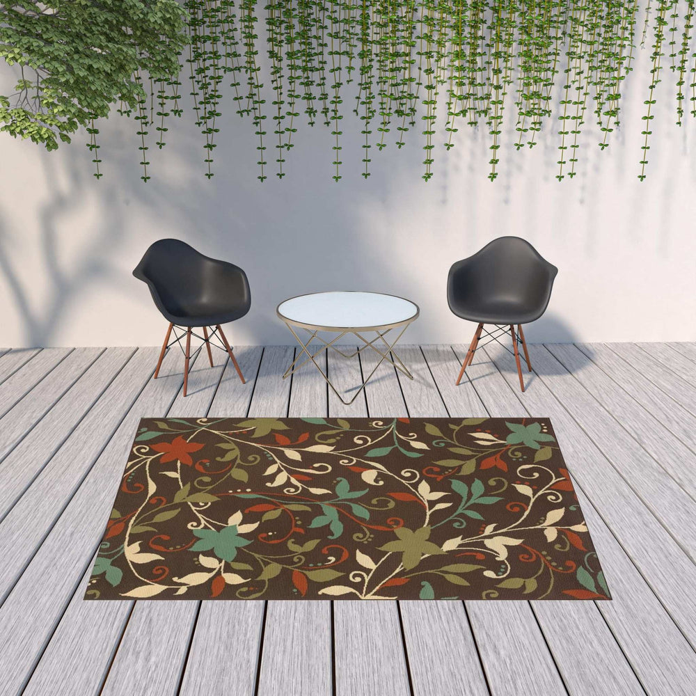 7' X 10' Brown Floral Stain Resistant Indoor Outdoor Area Rug - Homeroots - Flyclothing LLC