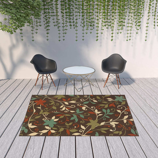 7' X 10' Brown Floral Stain Resistant Indoor Outdoor Area Rug - Homeroots - Flyclothing LLC