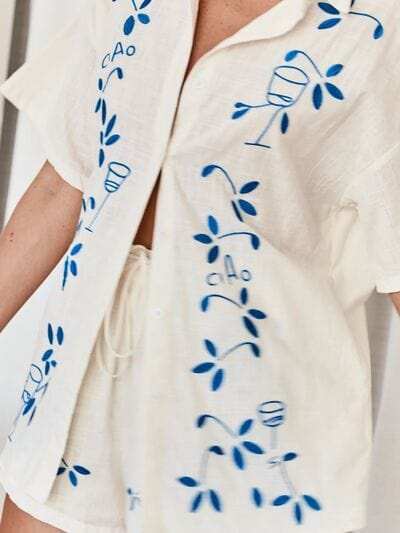 Embroidered Button Up Half Sleeve Top and Shorts Set - Trendsi - Flyclothing LLC