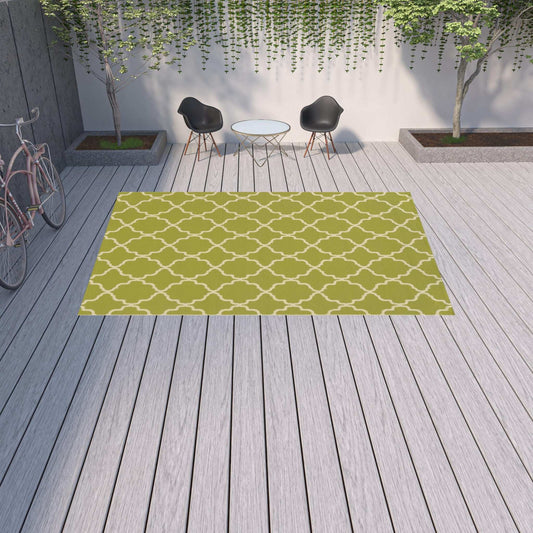 9' X 13' Green and Ivory Geometric Stain Resistant Indoor Outdoor Area Rug - Homeroots - Flyclothing LLC