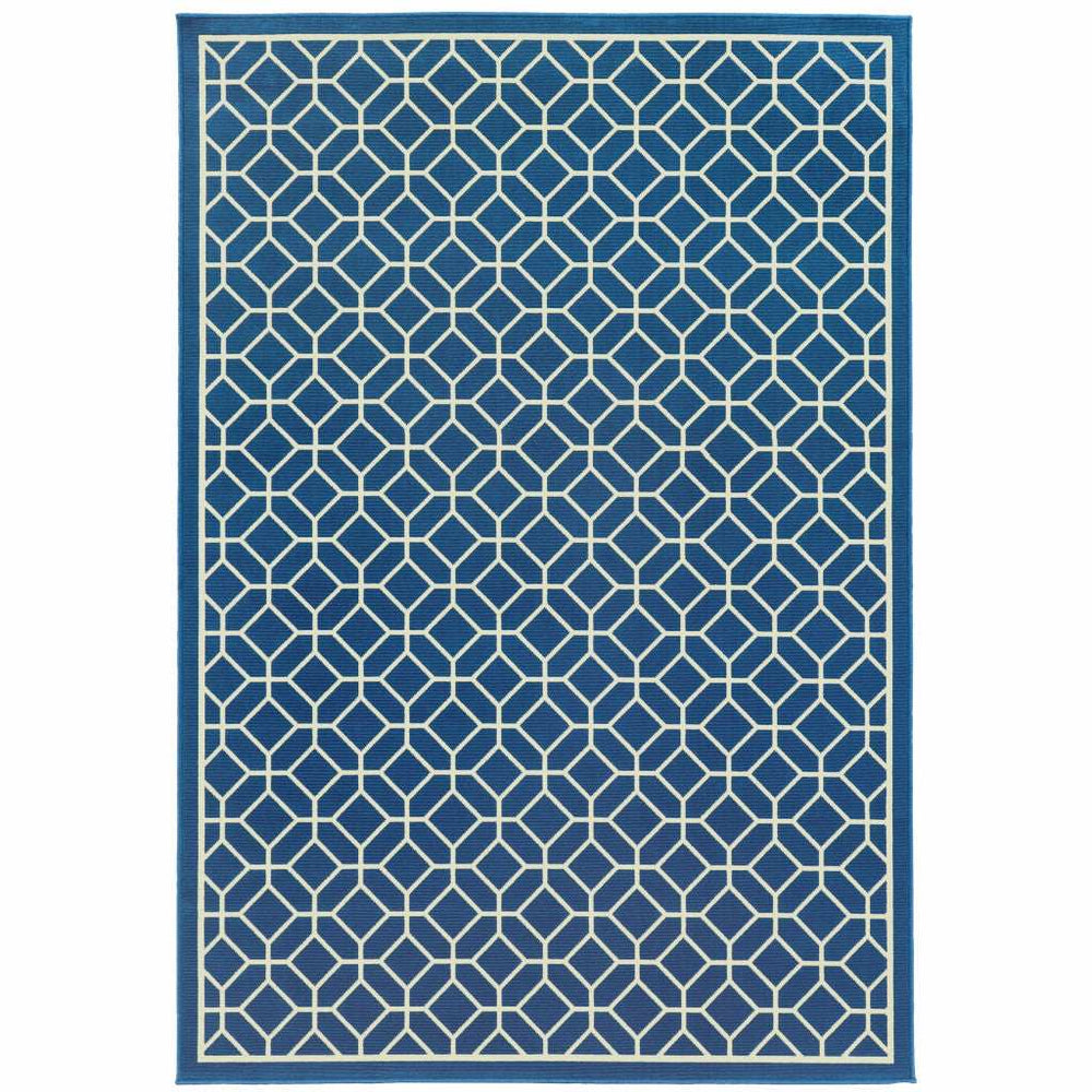 9' X 13' Blue and Ivory Geometric Stain Resistant Indoor Outdoor Area Rug - Homeroots - Flyclothing LLC
