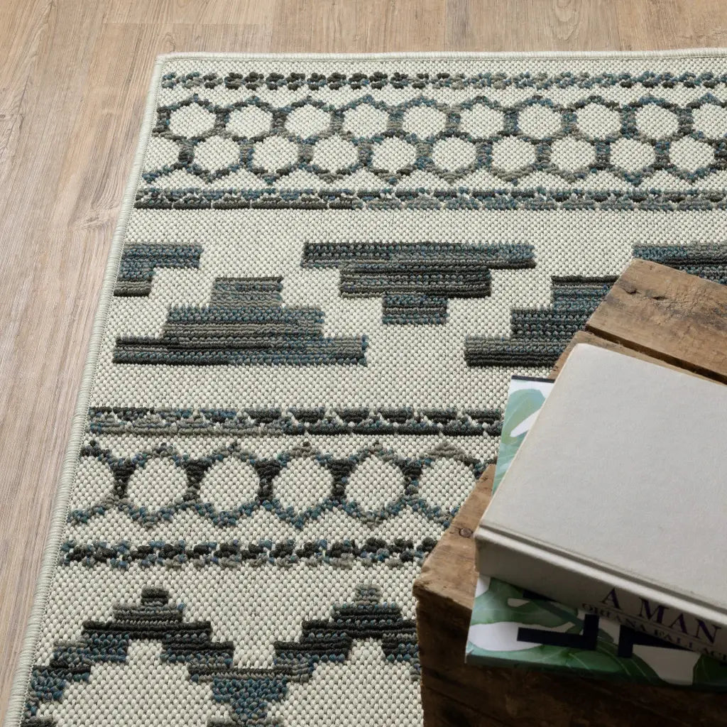 2' X 7' Blue and Beige Geometric Stain Resistant Indoor Outdoor Area Rug - Homeroots - Flyclothing LLC