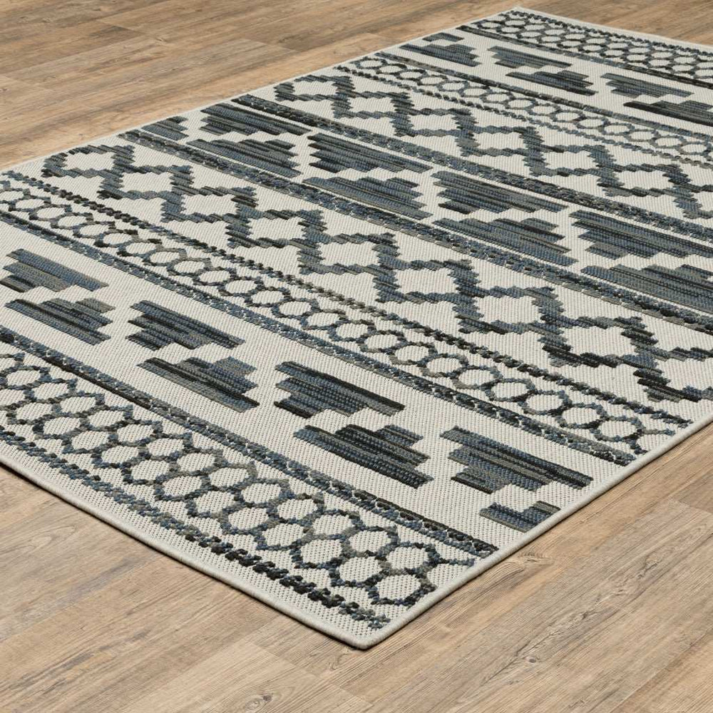 10' X 13' Blue and Beige Geometric Stain Resistant Indoor Outdoor Area Rug - Homeroots - Flyclothing LLC