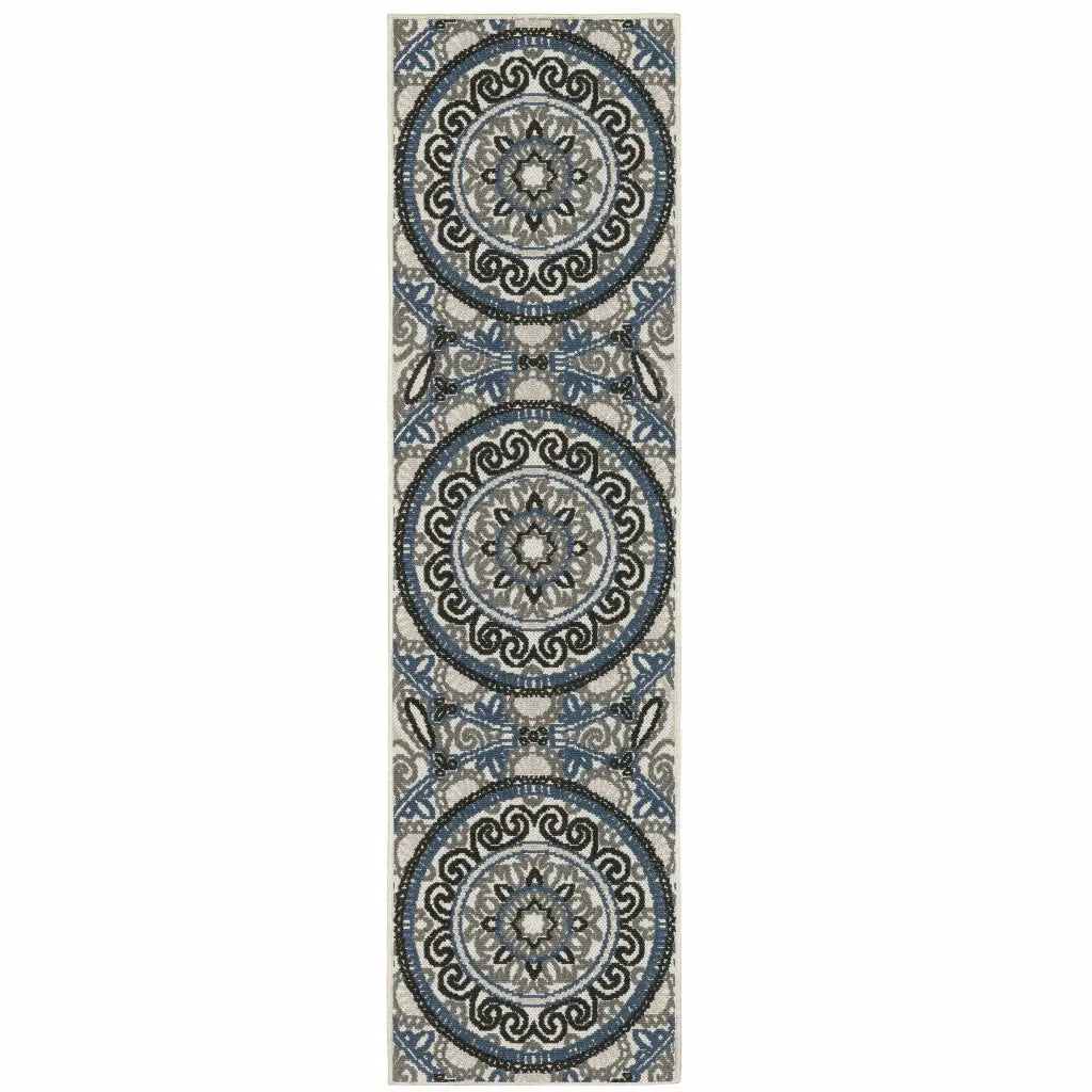 2' X 7' Blue and Beige Geometric Stain Resistant Indoor Outdoor Area Rug - Homeroots - Flyclothing LLC