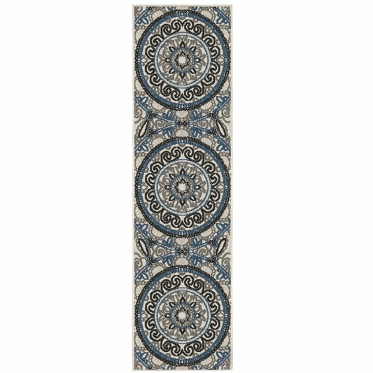 2' X 7' Blue and Beige Geometric Stain Resistant Indoor Outdoor Area Rug - Homeroots - Flyclothing LLC